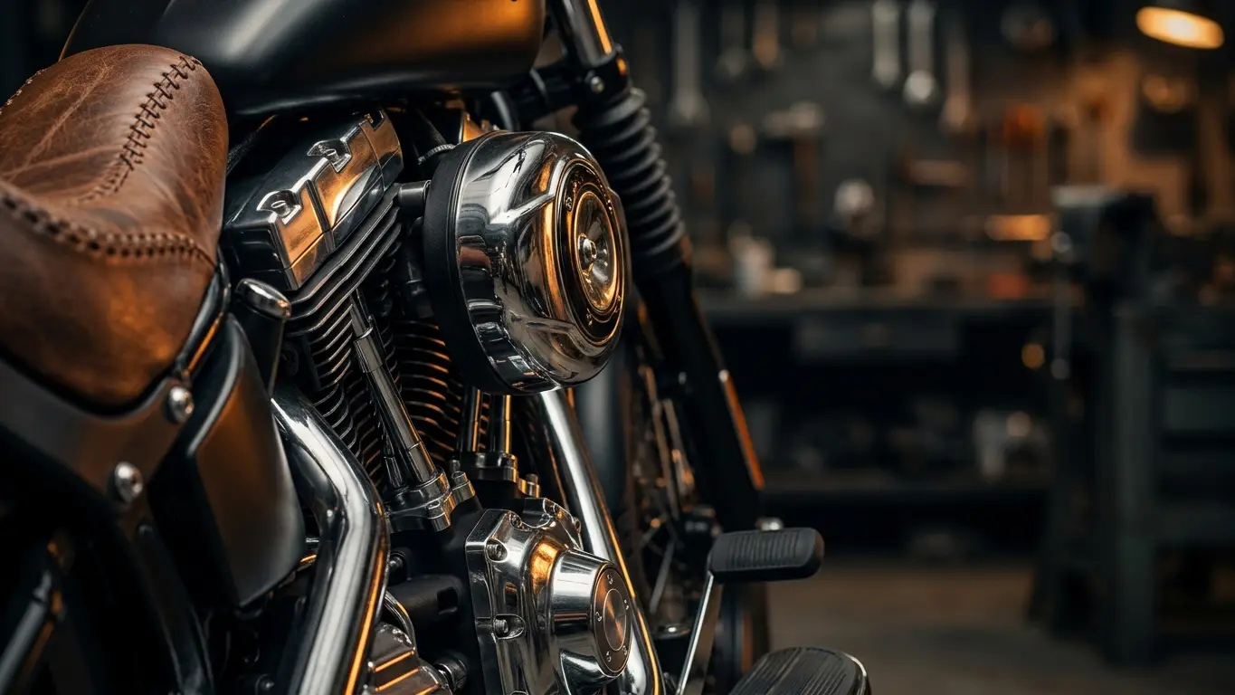 Detalhe ilustrativo de motor cromado de motocicleta
